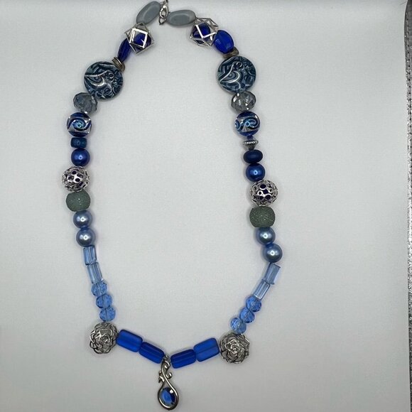 Handmade Blue tones Necklace Glass Faux Pearl and Ceramic - Picture 1 of 4